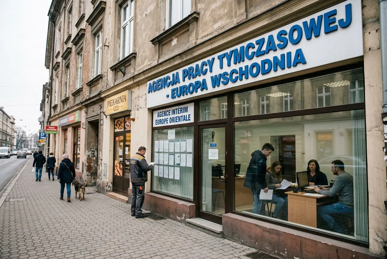 Agence intérim europe de l'est: façade d’une agence de recrutement temporaire avec personnel à l’accueil et clients dans la vitrine.