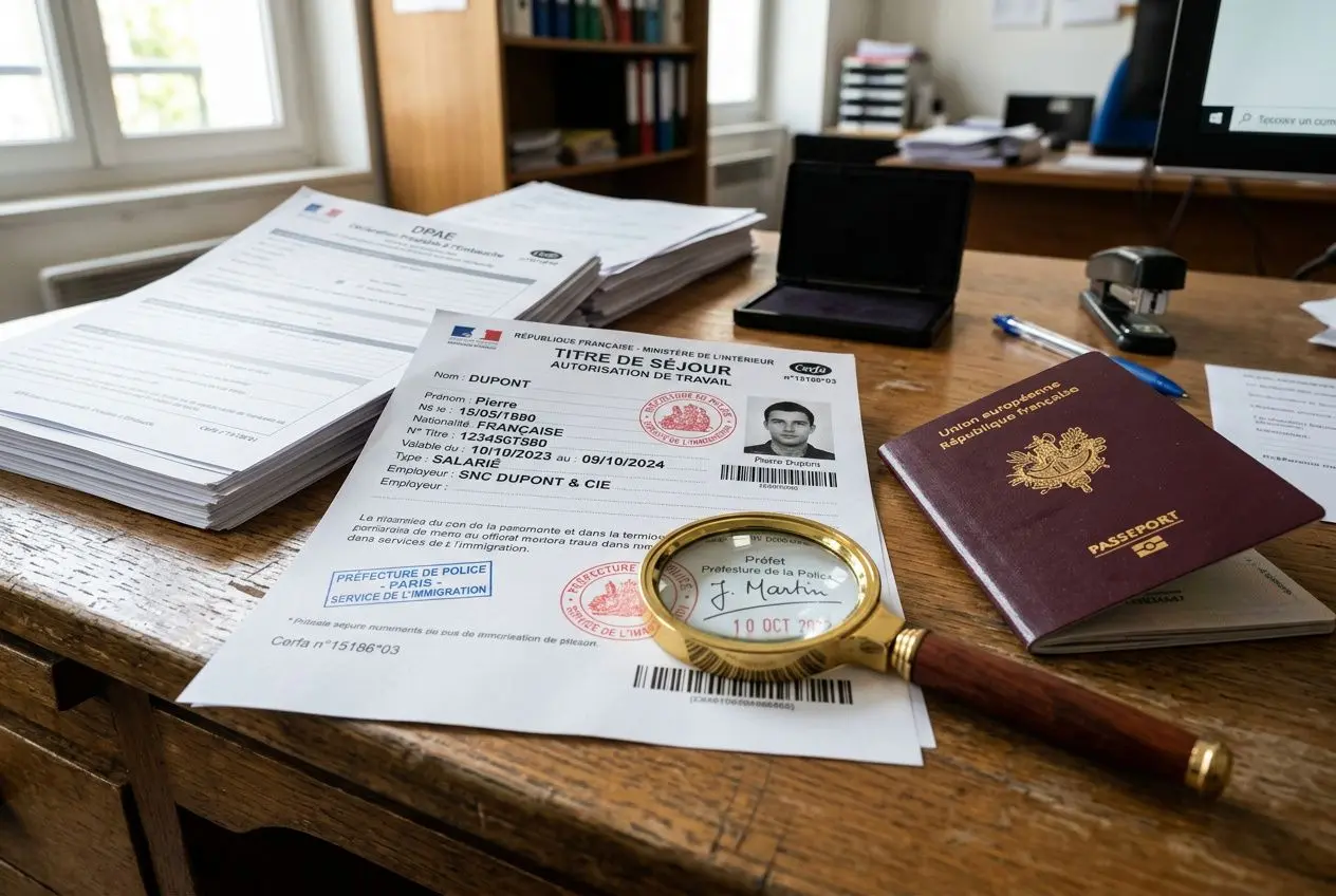 Documents et passeport sur un bureau, avec timbre et loupe, liés au permis de travail européen et à l’immigration professionnelle.