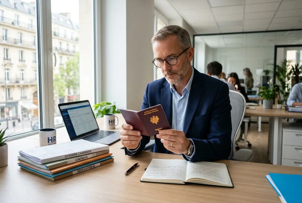 Homme d’affaires lisant un passeport et travaillant à un bureau, avec un ordinateur portable et des dossiers, dans un espace de coworking. comment embaucher un salarié européen en france