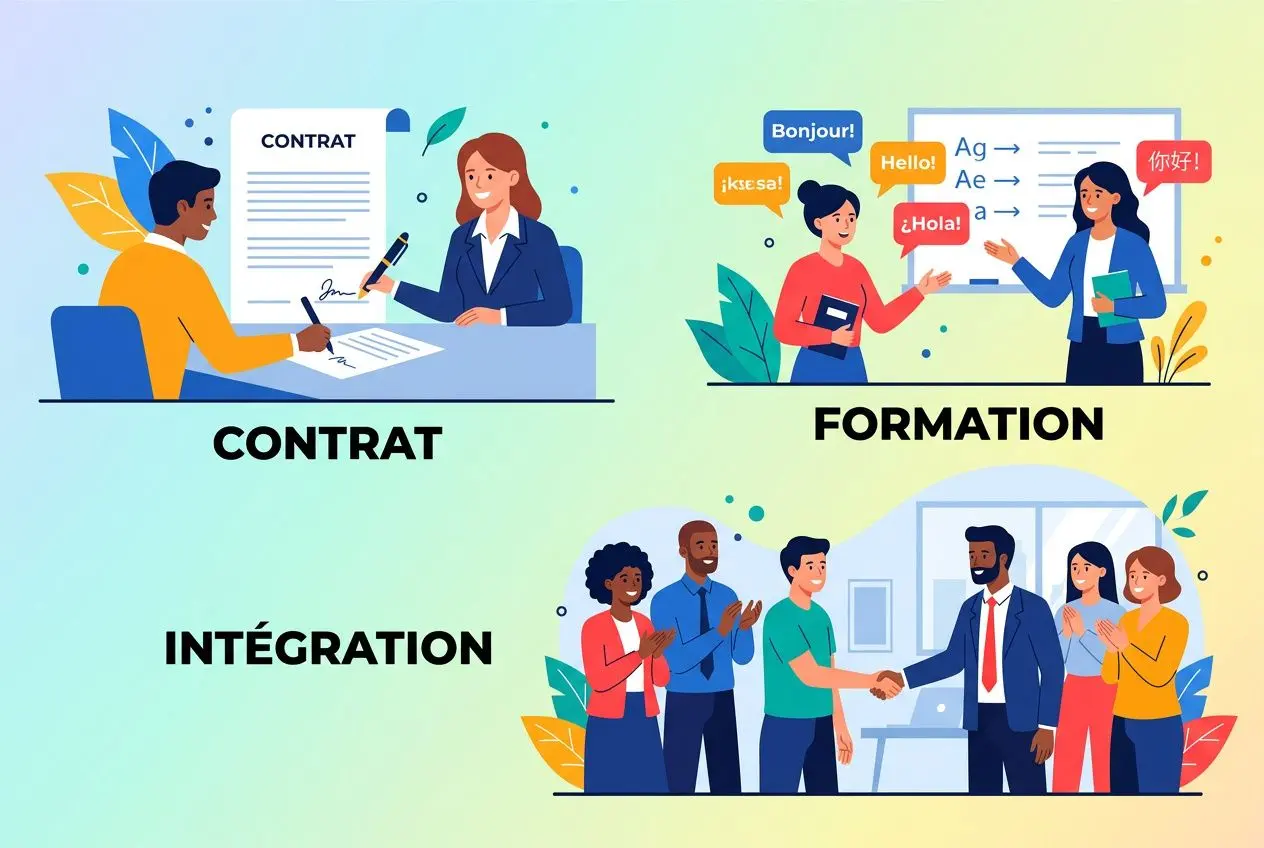 illustration-montrant-trois-scenes-contrat-signe-entre Comment embaucher un salarié européen en france : guide pratique