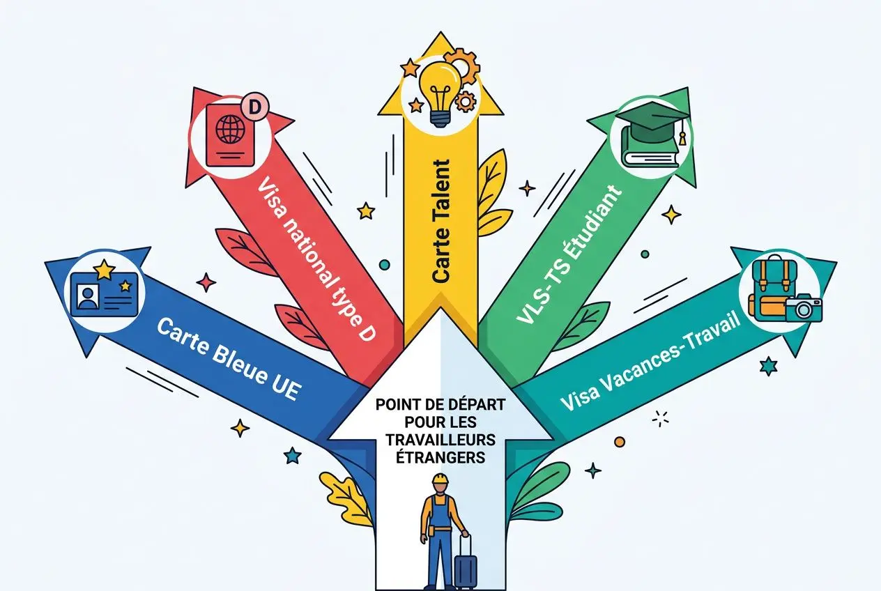 panneau-multicolore-illustrant-diverses-options-liees-permis Permis de travail européen : travailler en europe dans l'UE