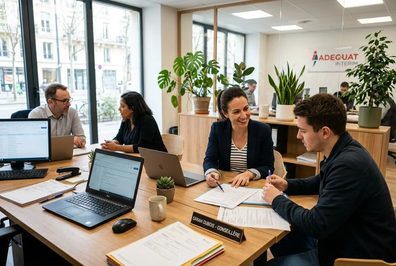 Réunion au bureau pour discuter de la directive européenne travail intérimaire, avec salariés et documents sur la table.
