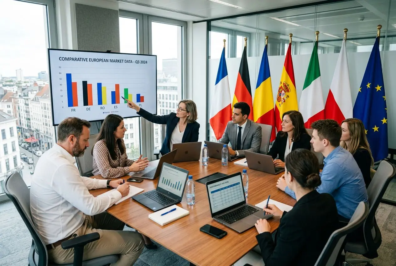 Réunion d’affaires en salle avec présentation sur écran montrant des graphiques, entourée de drapeaux européens et de participants utilisant des ordinateurs. coùt du travail en europe.