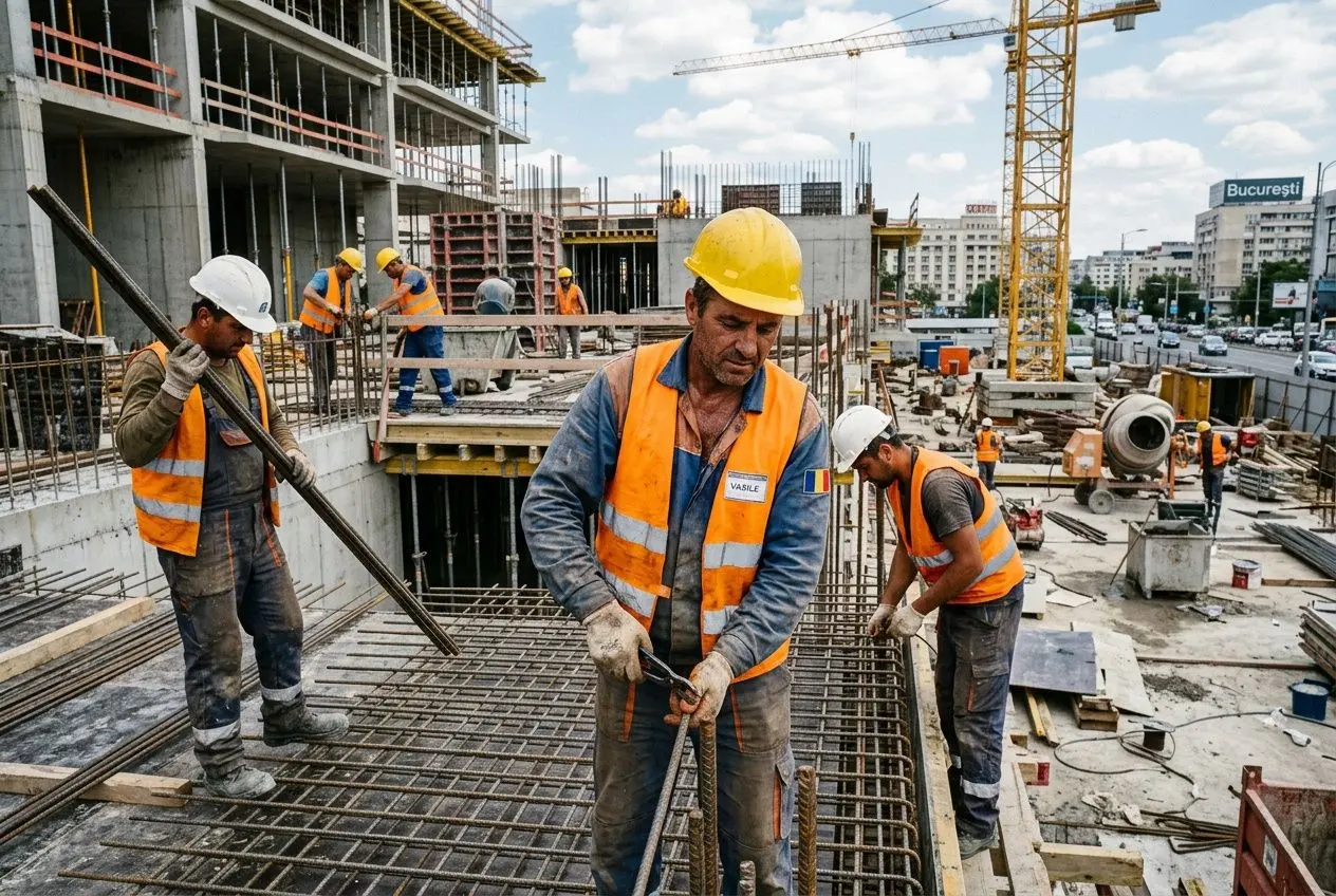 Travailleurs roumains en France sur un chantier, visant des travaux de fer et béton avec gilets orange et casques de sécurité.