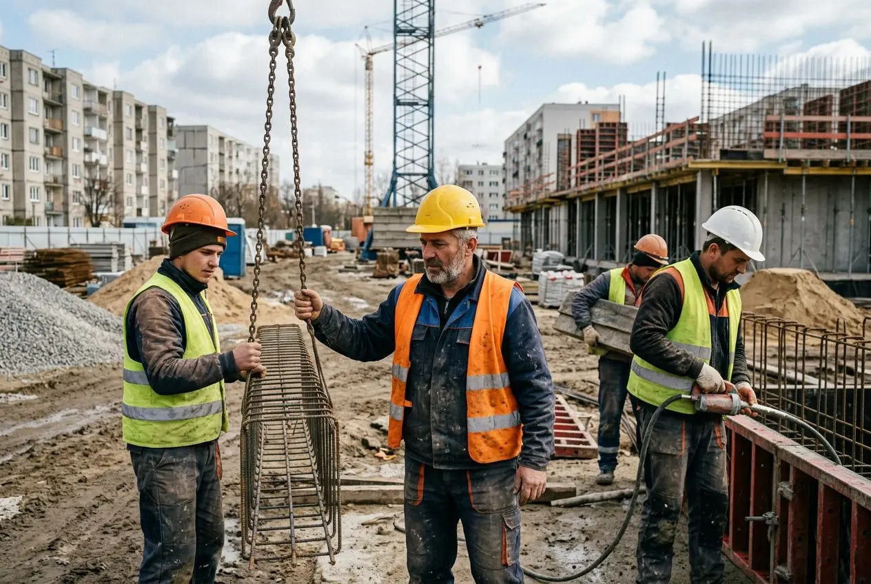 trois-ouvriers-chantier-construction-crane-batiments-arriere Agence intérim europe de l'est : recrutement temporaire