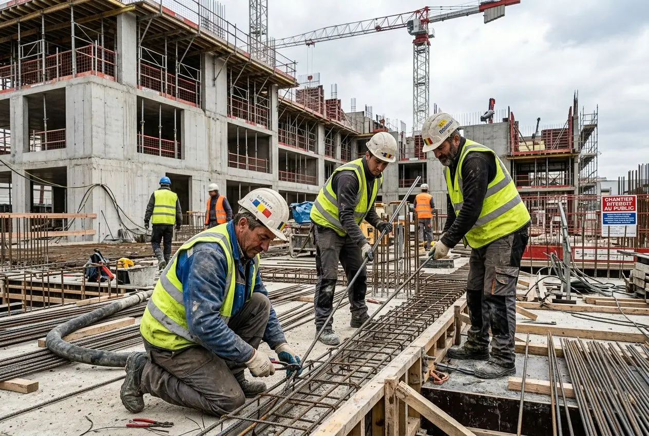 trois-travailleurs-portant-gilets-jaunes-casques-chantier Travailleurs roumains en france : guide pour les embaucher
