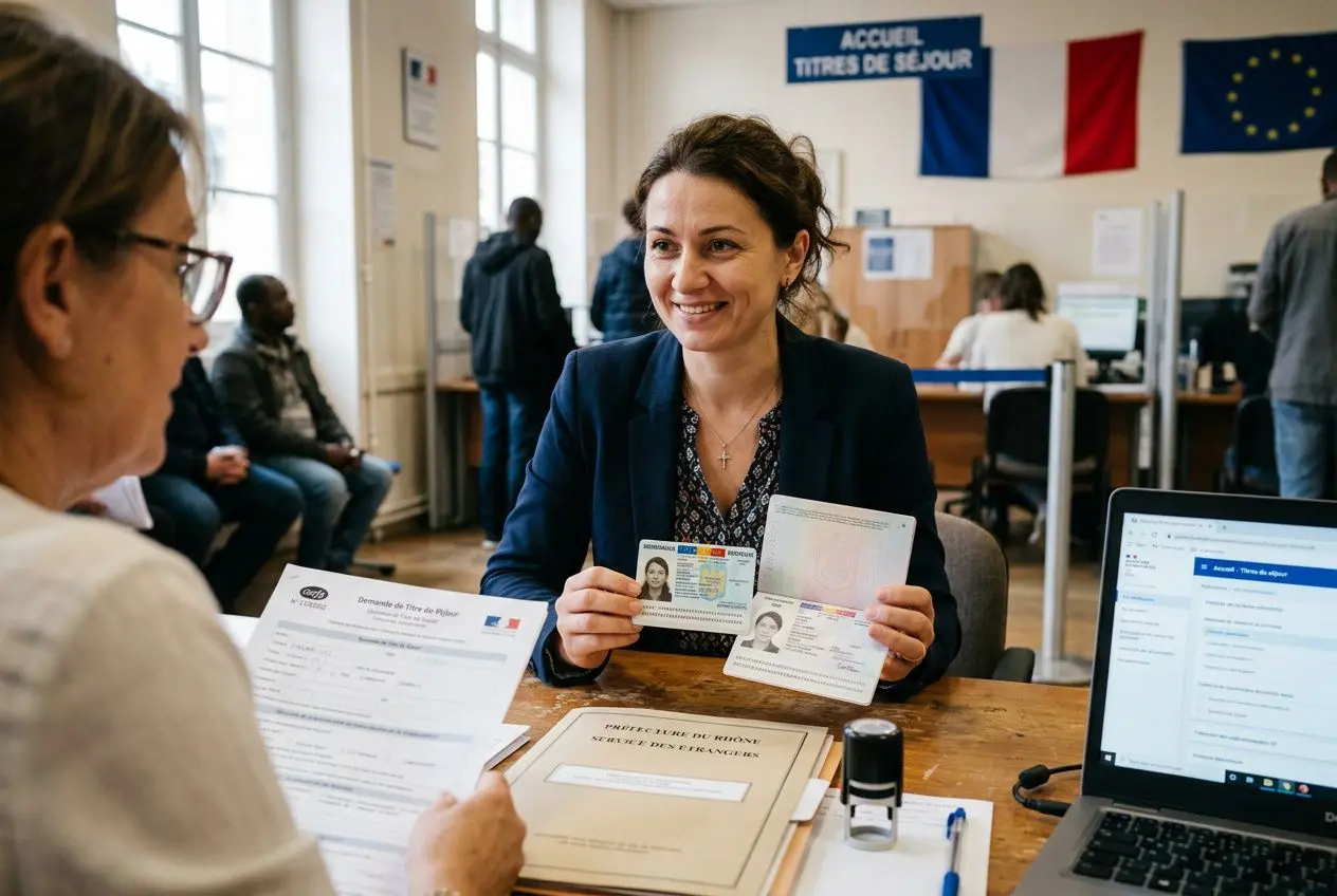 Agent d’accueil et ressortissante discutant, échanges de documents et ordinateur au bureau, ambiance administrative. Droits des roumains en france évoqué.