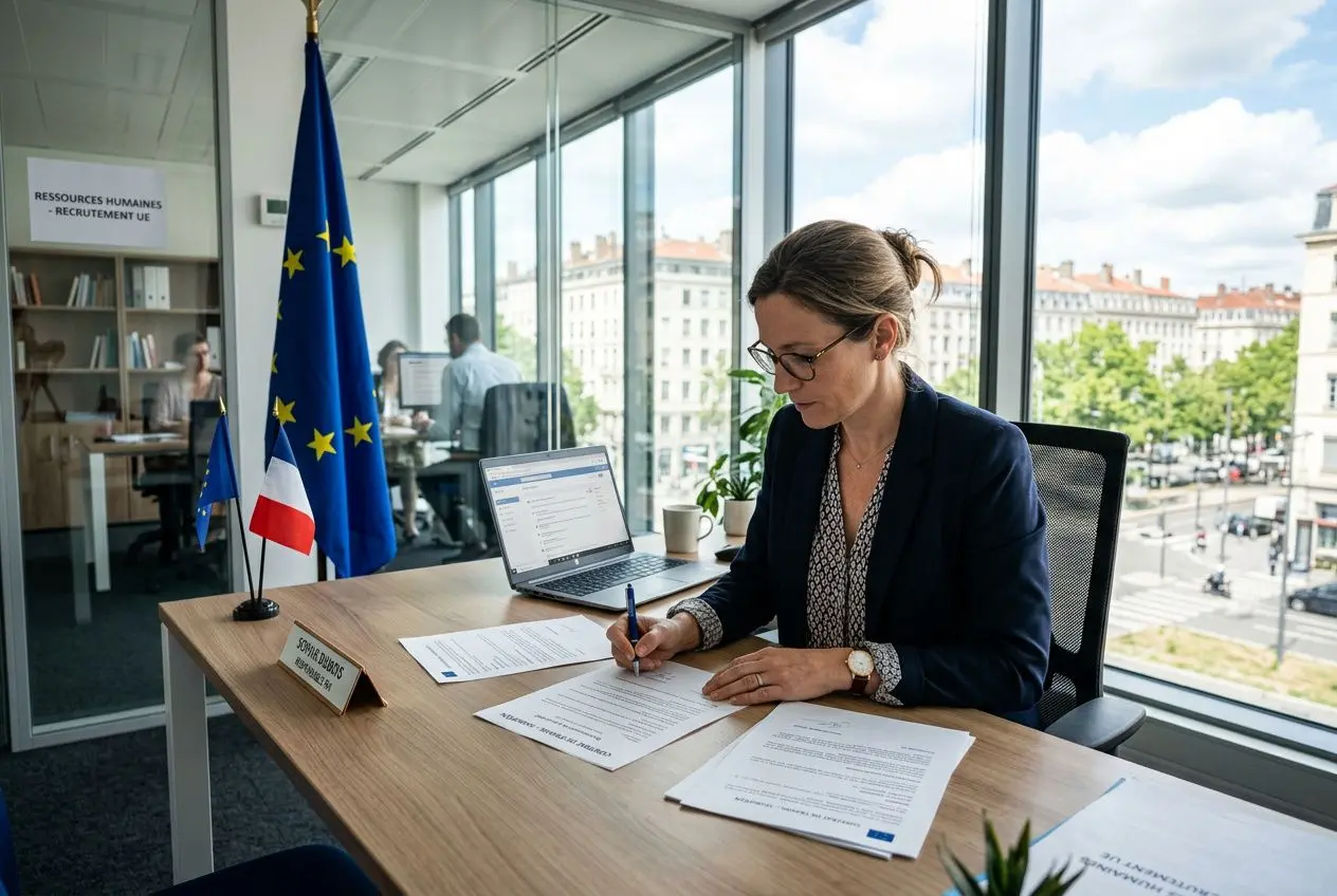 Agent RH signant des documents administratifs dans un bureau moderne, drapeau européen et français à proximité, cadre législatif pour le recrutement. (intègre le mot-clé de manière fluide)