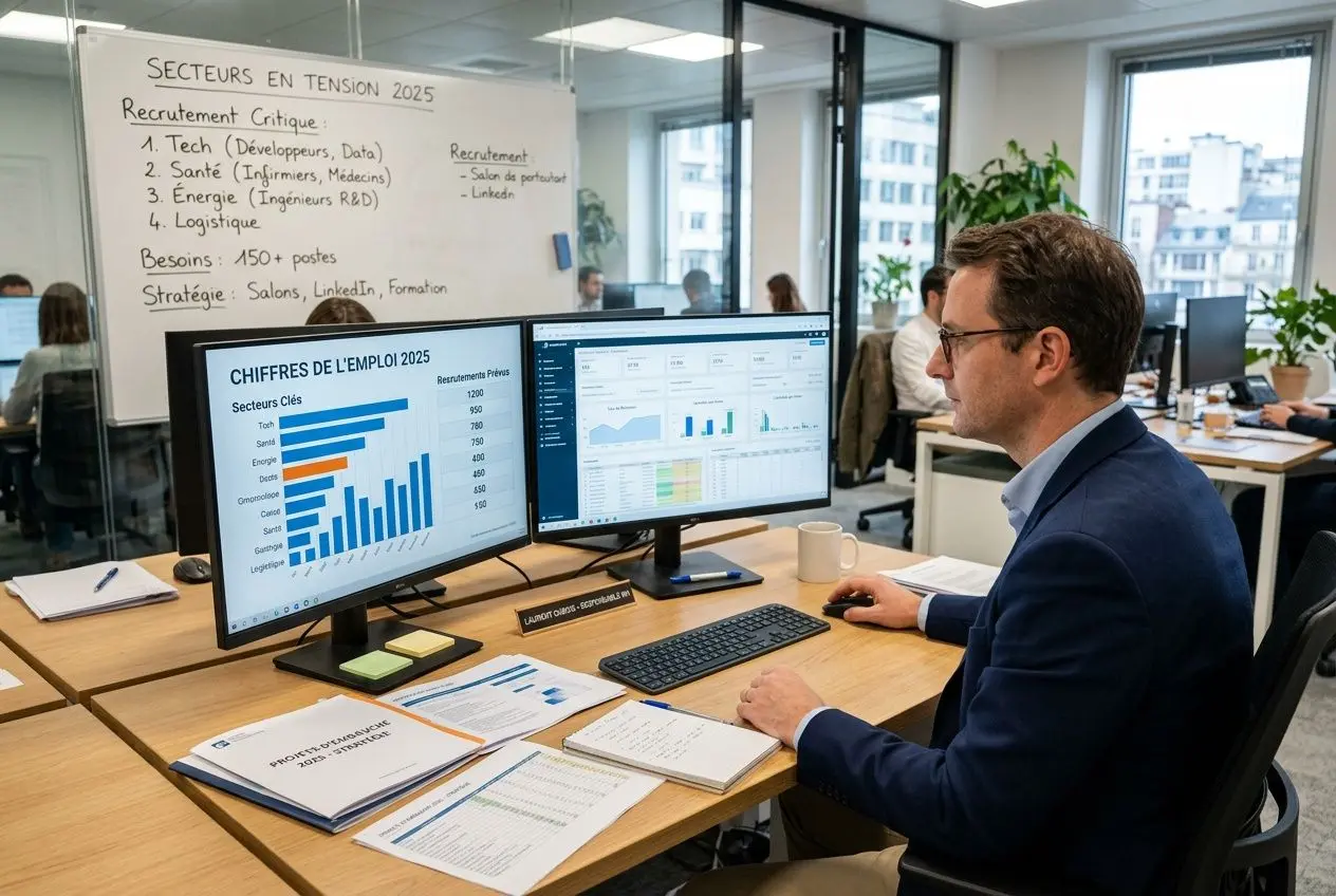 Analyste travaillant à son bureau avec deux écrans affichant des graphiques, outils et notes sur la pénurie de main-d'œuvre en France 2025.