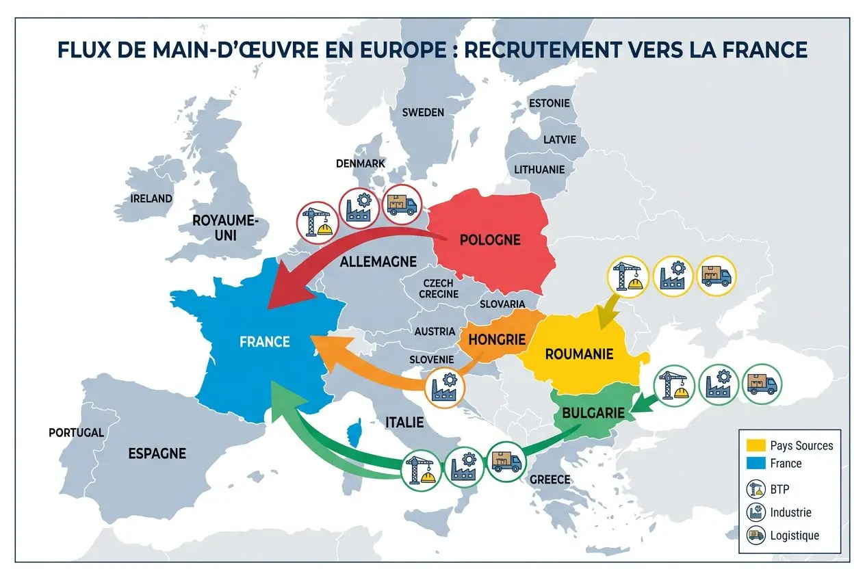 carte-flux-main-duvre-europe-montrant-recrutement-vers 12 Solutions pour faire face à la pénurie de main-d'œuvre