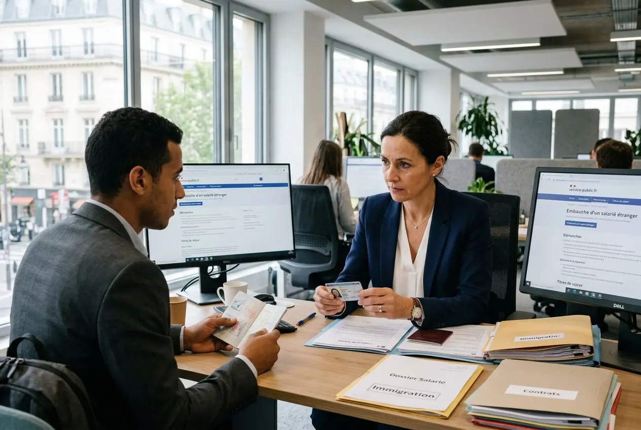 Deux professionnels en entretien administratif, échange autour de documents et d’un formulaire d’embauche, ambiance bureau.