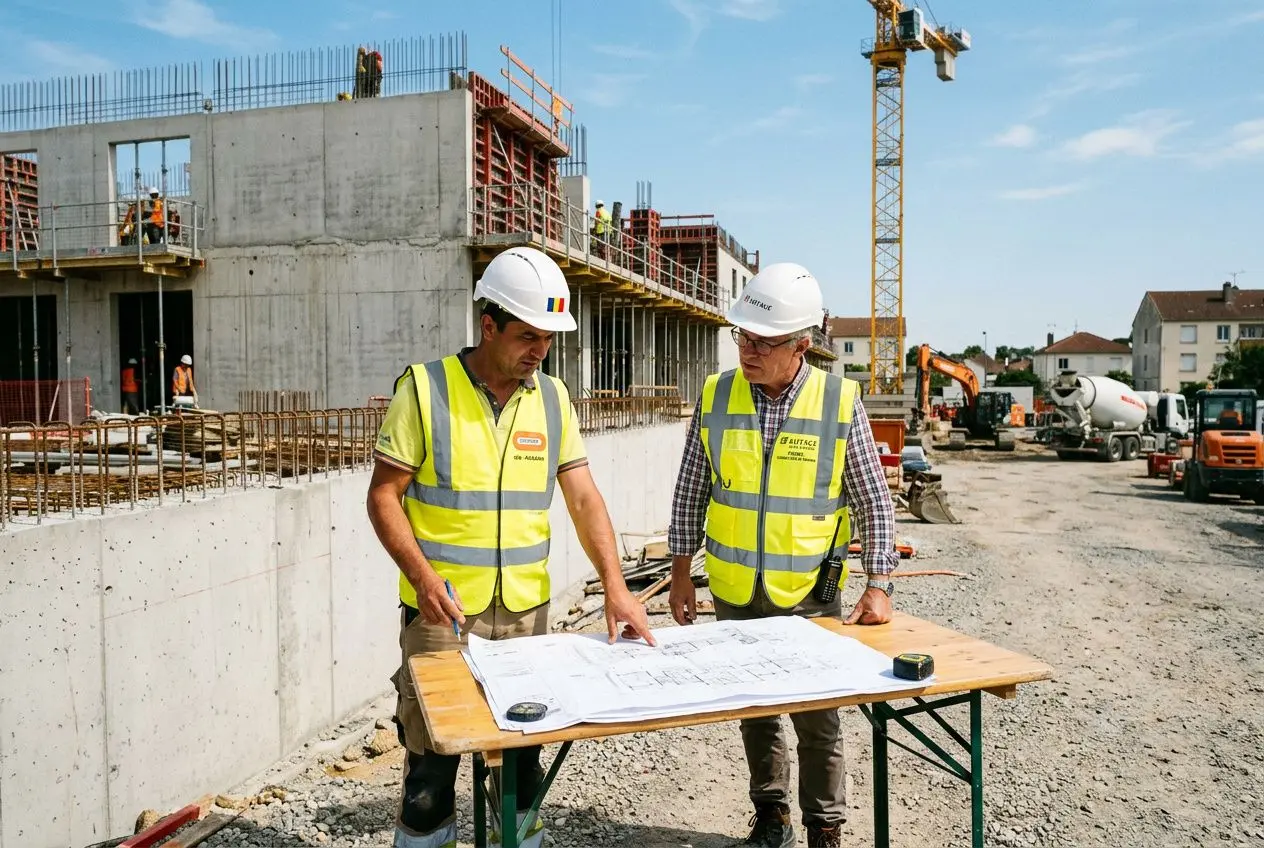 Deux travailleurs sur un chantier consultent des plans sur une table, casques et gilets jaunes, avec une construction en arrière-plan et une grue. Travailleur détaché avantages inconvénients.