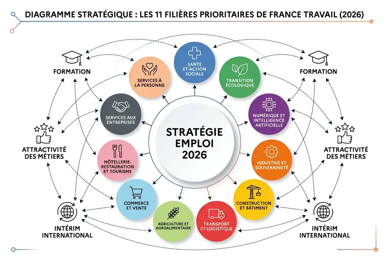 diagramme-strategique-montrant-11-filieres-prioritaires Pénurie de main-d'œuvre en France en 2026 : secteurs et métiers sous tension