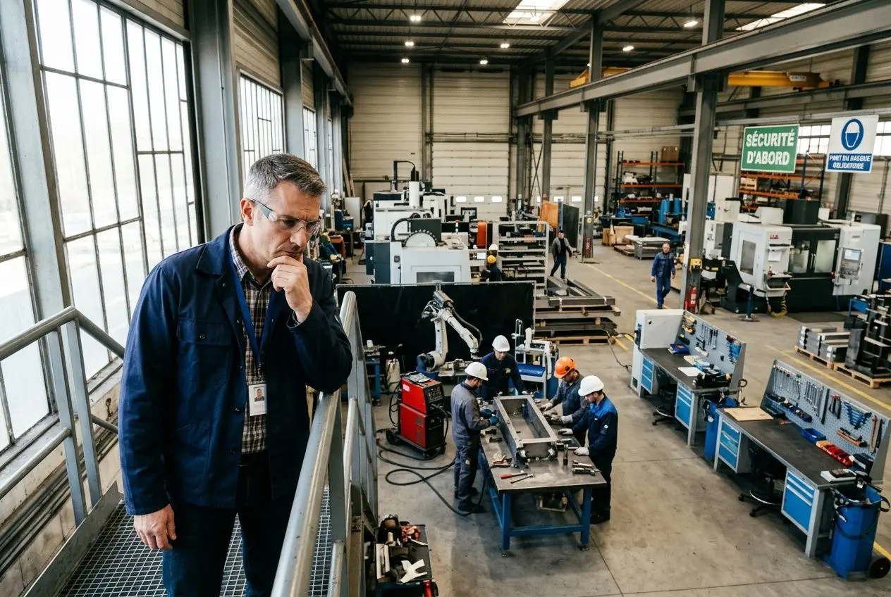 Homme contemplatif debout à l’étage d’une usine, regardant les lignes de production et les opérateurs au travail au rez-de-chaussée. solutions contre la pénurie de main d'œuvre
