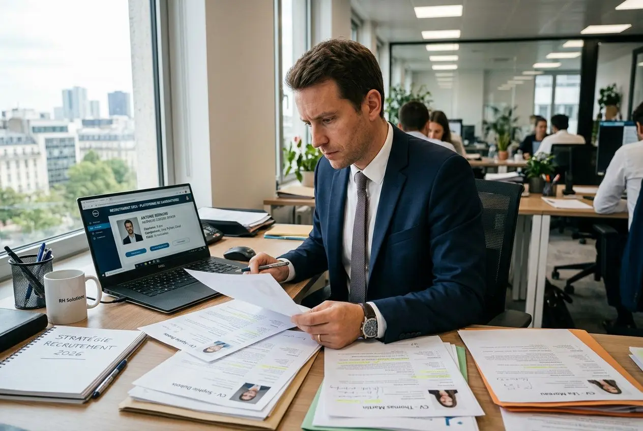 homme-daffaires-costume-lit-documents-son-bureau-ordinateur Pénurie de main-d'œuvre en France en 2026 : secteurs et métiers sous tension