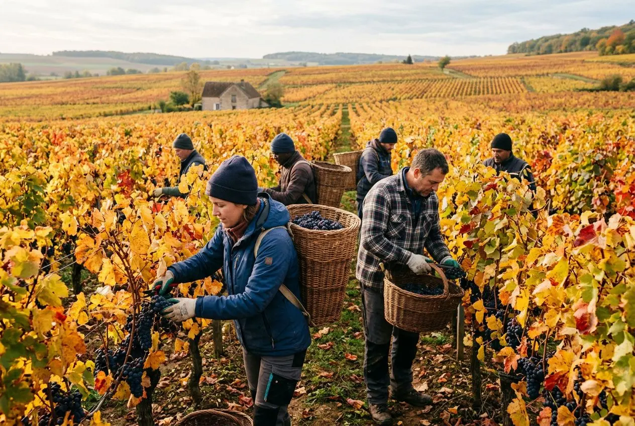 Homme et femme récoltant des grappes dans un vignoble en automne, avec paniers à vendanger, travail saisonnier agricole.