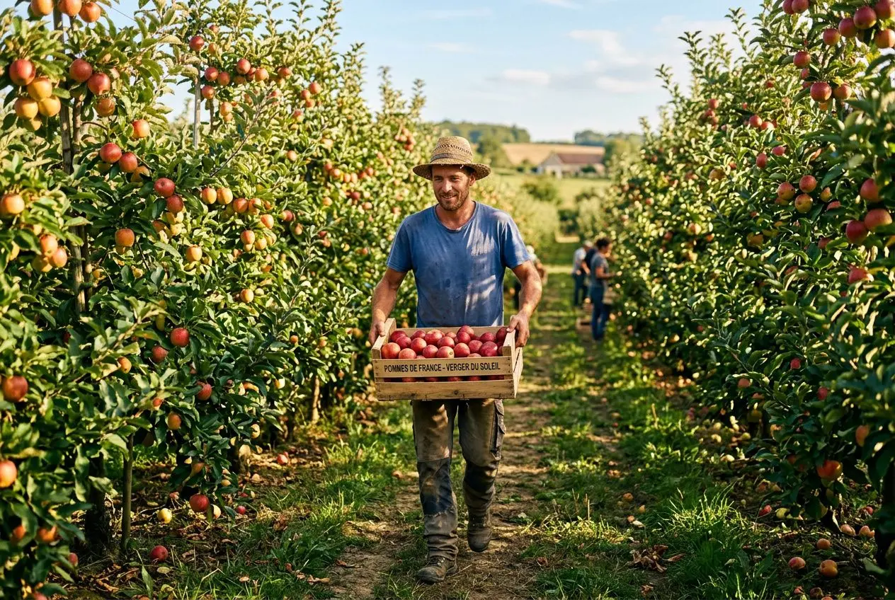 Hommes récoltant des fruits dans un verger en France, l’un au centre porte une caisse de pommes. Travail saisonnier agricole france.