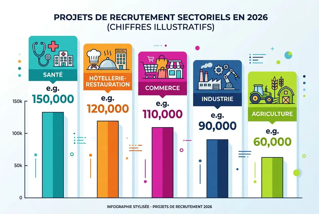 infographie-illustrant-projets-recrutement-sectoriels-2026 Pénurie de main-d'œuvre en France en 2026 : secteurs et métiers sous tension