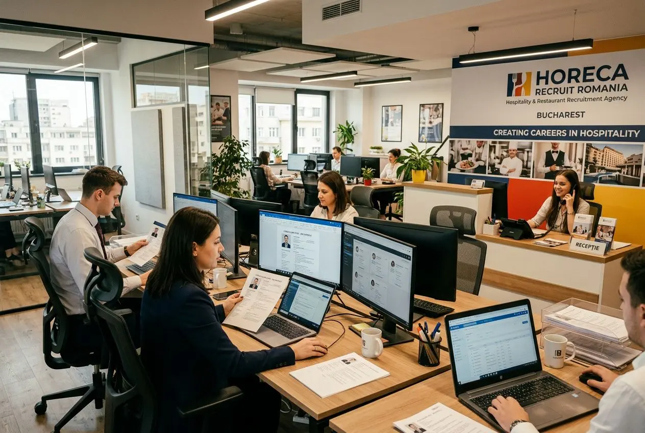 open-plan bureau animé avec employés au travail sur ordinateurs et affiches Horeca Recruit Romania : personnel intérim hôtellerie restauration en action.