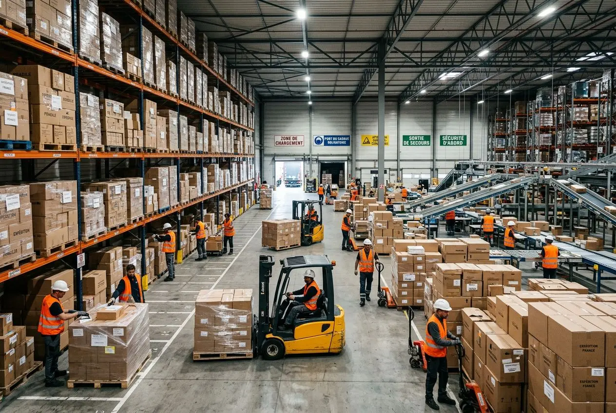 Opérateurs en sécurité et caristes gèrent des palettes dans un entrepôt logistique, avec chariots et rayonnages hauts. Intérim logistique et transport.