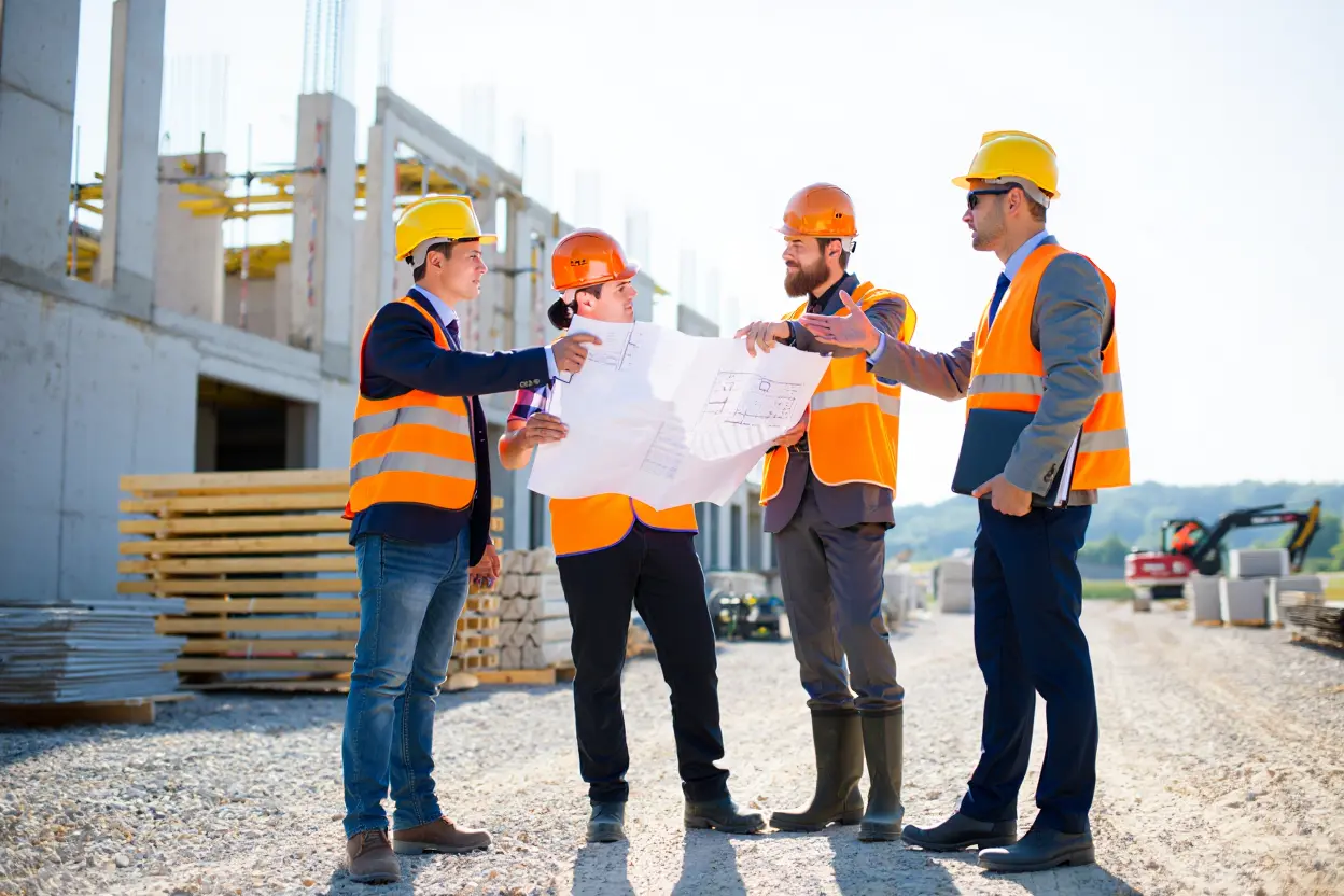 Quatre ouvriers sur un chantier discutent autour d’un plan, portant casques et gilets orange, près d’une structure en construction. agence intérim roumaine france.