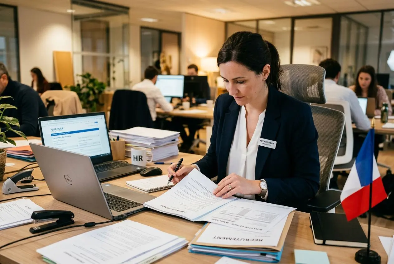 Agent traitant le bulletin de paie d'un salarié détaché à l'étranger, au bureau avec dossier et ordinateur.