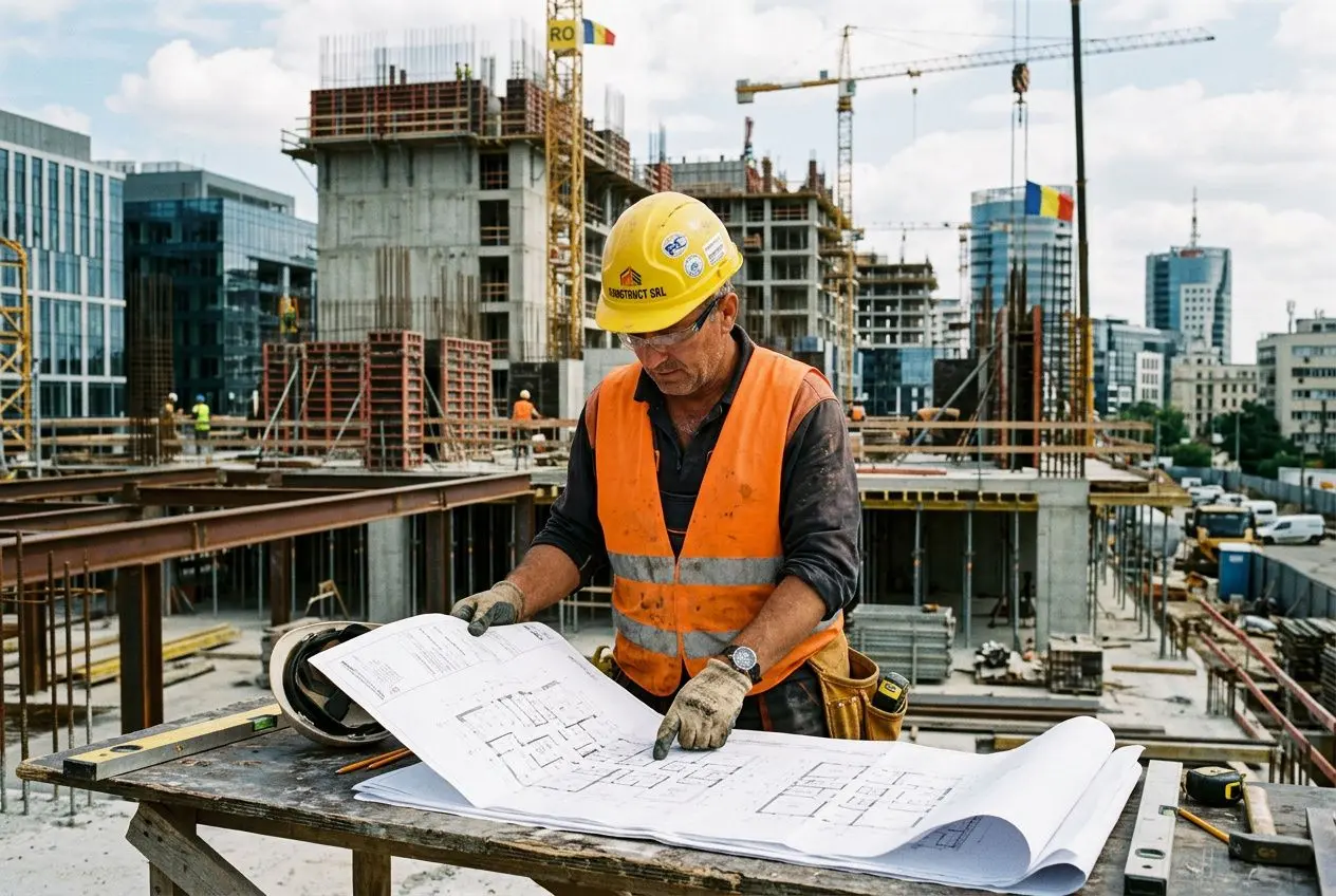 Constructeur sur un chantier, planifiant un ouvrage avec plans à la main dans l’atelier. Inclure le mot-clé: salaire moyen d'un roumain en france.