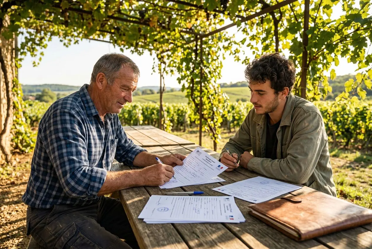 Deux hommes à une table en plein air examinent et signent des documents, dans un cadre rural ensoleillé. Mention naturelle d’un contrat de travail saisonnier.