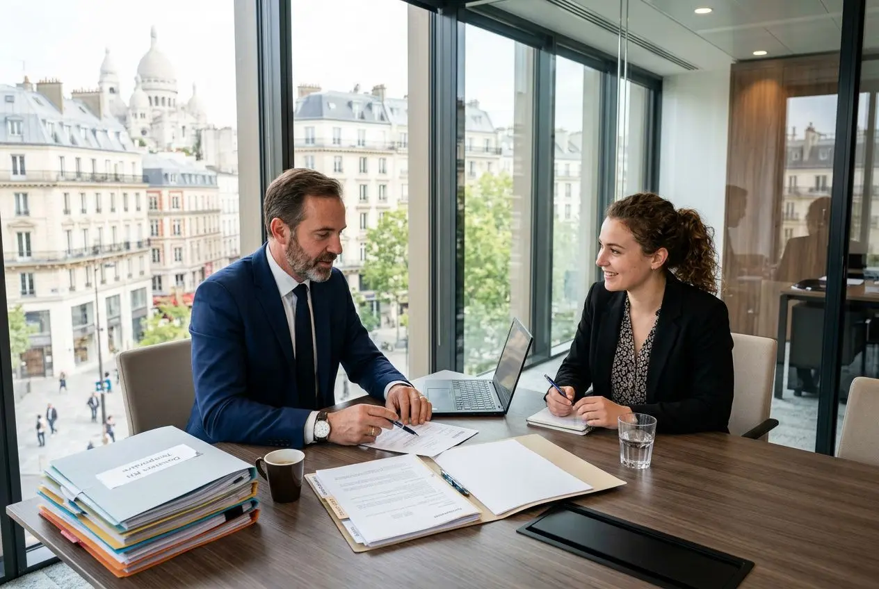 Deux professionnels en réunion dans un bureau lumineux: homme en costume bleu et femme en blazer, discutant autour de documents et d’un ordinateur portable. intégration du sujet: "comment recruter travailleurs temporaires" naturellement.