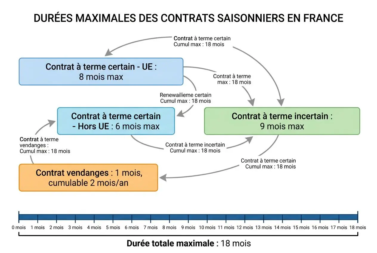 durees-maximales-contrats-saisonniers-france-diagramme Contrat de travail saisonnier : guide complet pour l'employeur et le travailleur saisonnier
