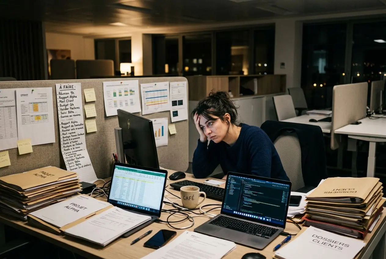 Employée fatiguée assise à son bureau bondé, entourée d’ordinateurs et de dossiers, symbole du manque de personnel surcharge de travail.