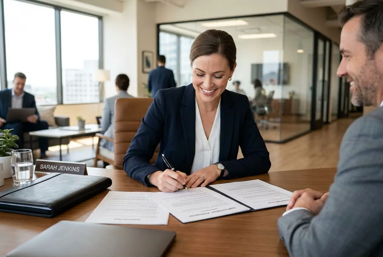 Femme d’affaires signe un contrat de travail intérimaire à durée indéterminée lors d’un entretien en bureau, ambiance professionnelle.