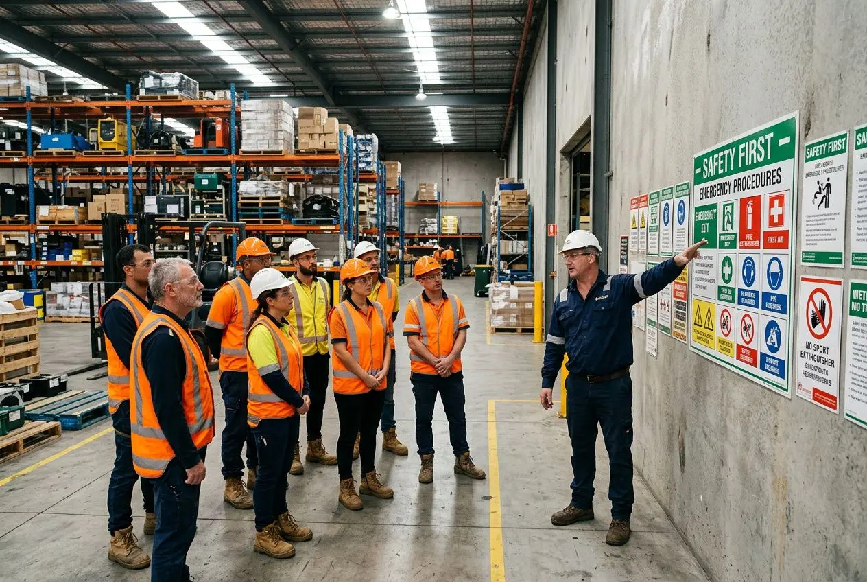 Groupe d’intérimaires en gilets orange écouteur et casque devant un panneau sécurité, lors d’une formation en atelier industriel sur les procédures d’urgence et sécurité. formation renforcée à la sécurité intérimaire.