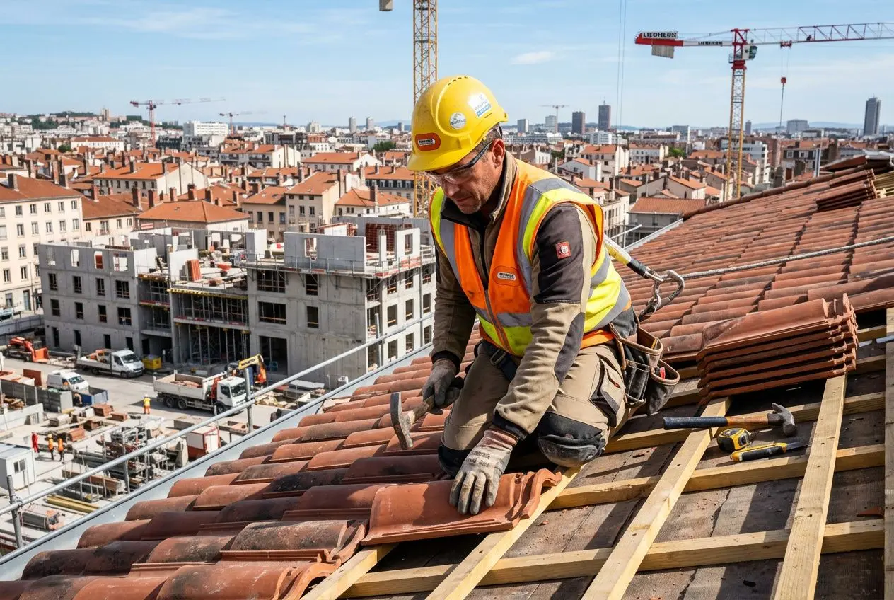 Homme du BTP en casque jaune et gilet orange, pose des tuiles sur un toit en construction avec une ville et grues en arrière-plan. Métier le mieux payé dans le btp.
