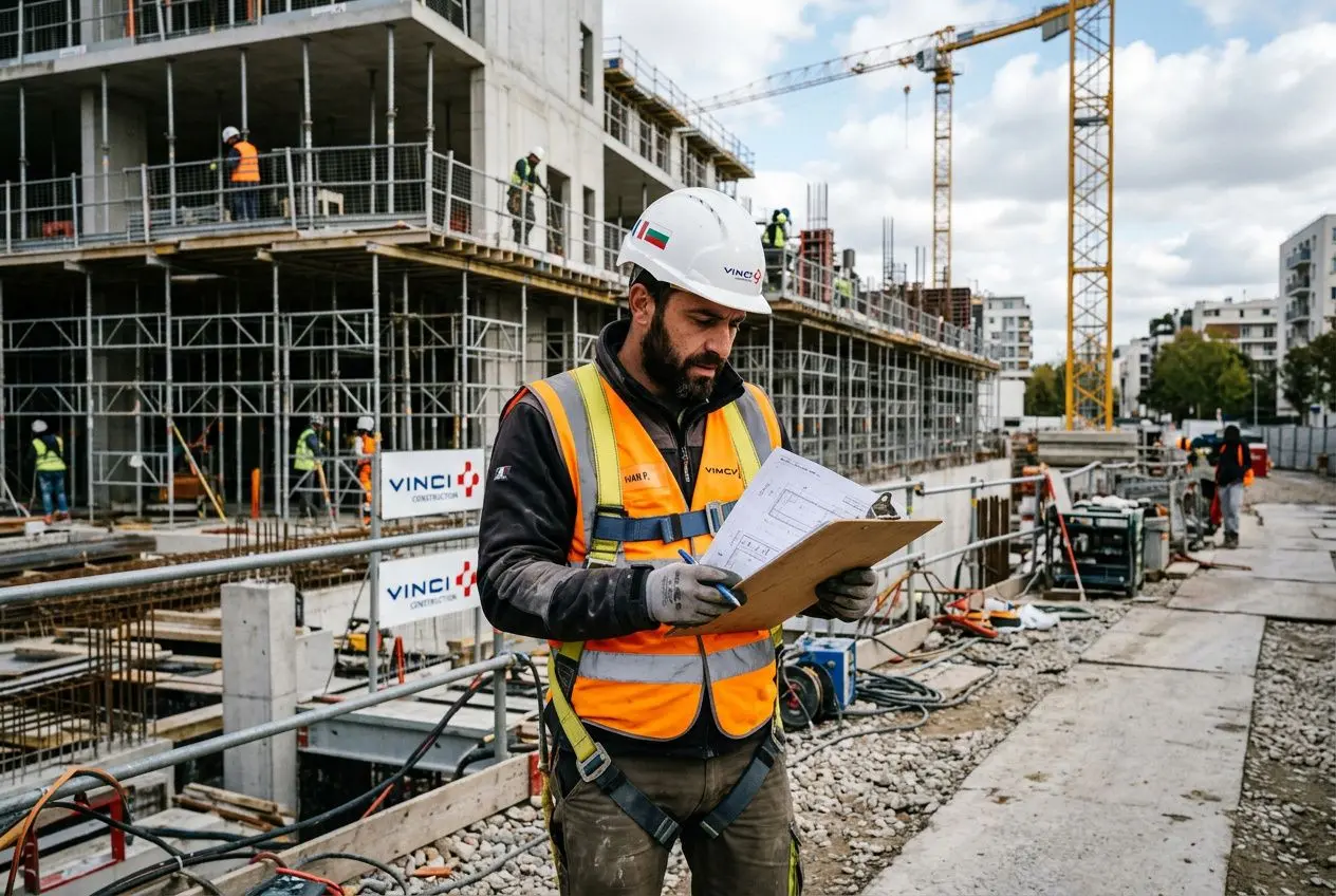 Homme dans un chantier de construction, casque et gilet réfléchissant, tient des plans près d’une structure en béton en cours de construction.