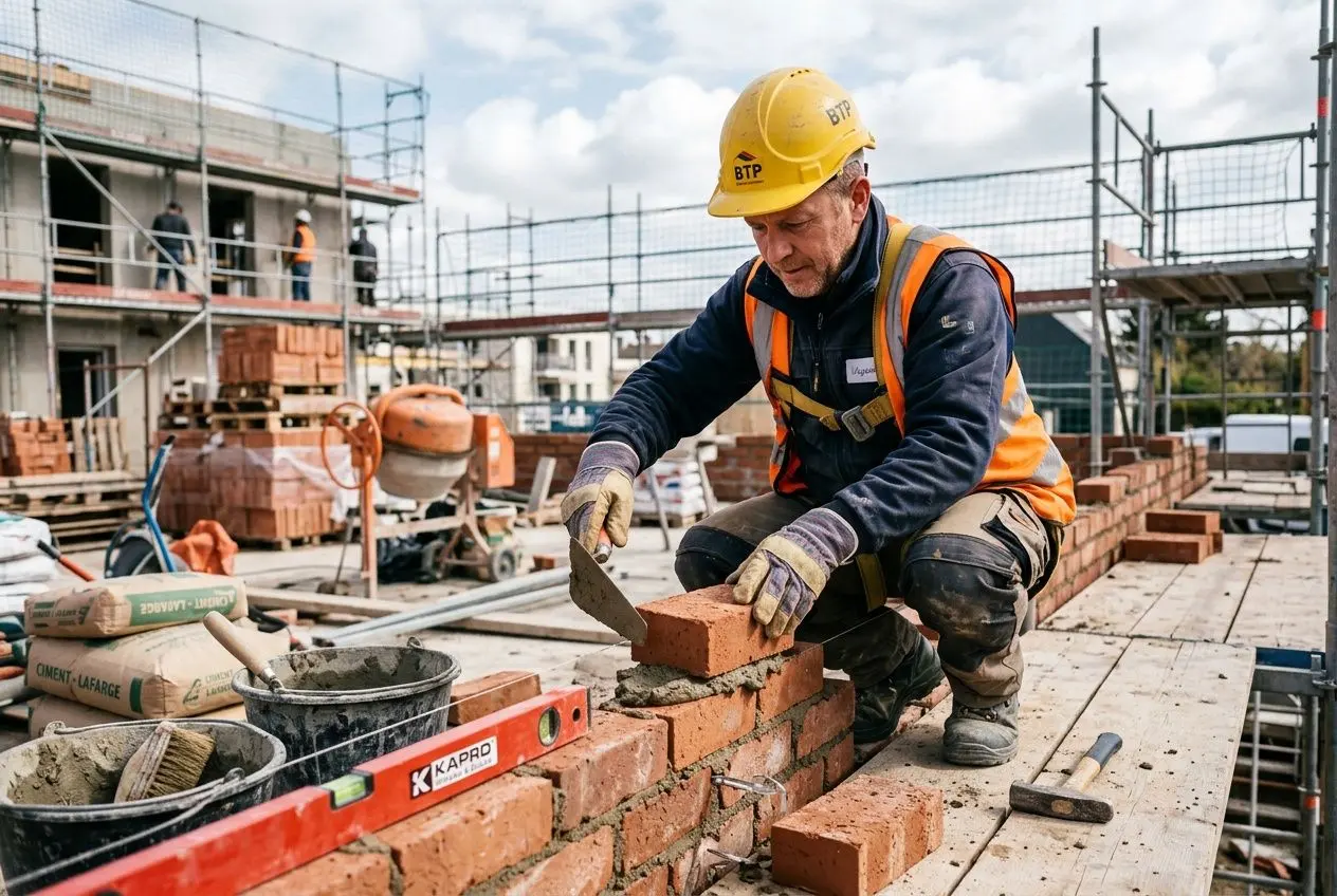 homme-ouvrier-btp-posant-briques-chantier-casques-gilet Métier le mieux payé dans le btp : top 10 des salaires