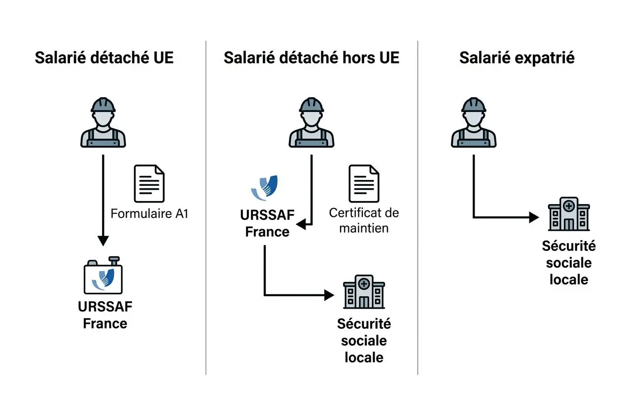 illustration-montrant-trois-scenarios-salarie-detache-ue Bulletin de paie d'un salarié détaché à l'étranger : guide complet