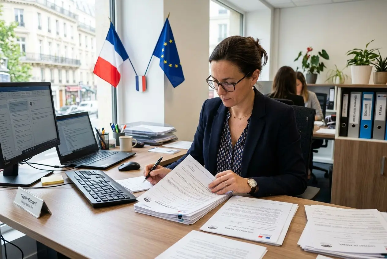 Professionnelle en dossier d’immigration au bureau, traitant des documents pour l’autorisation de travail en France pour les étrangers.