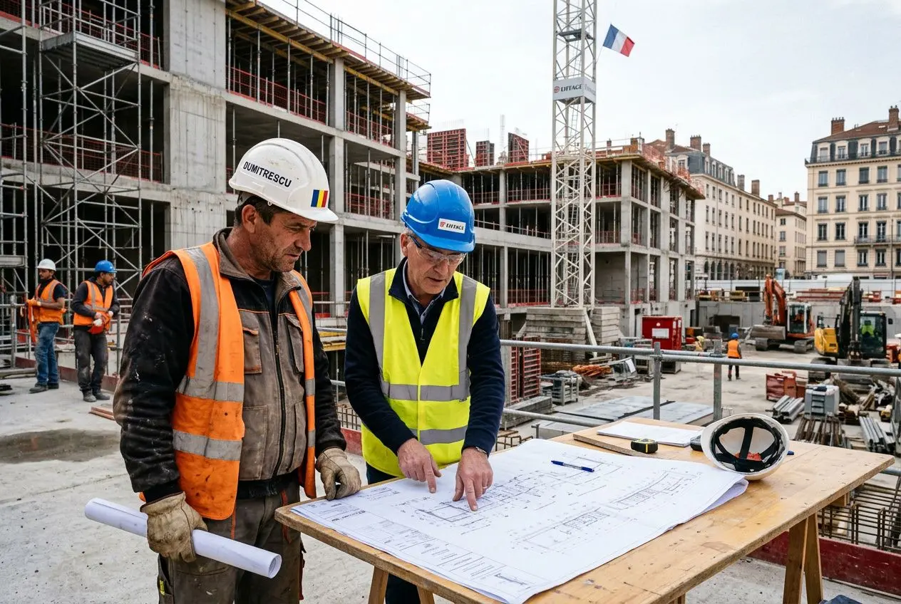 Travailleur détaché roumain légal sur un chantier, gestion des plans et supervision administratives en région française.