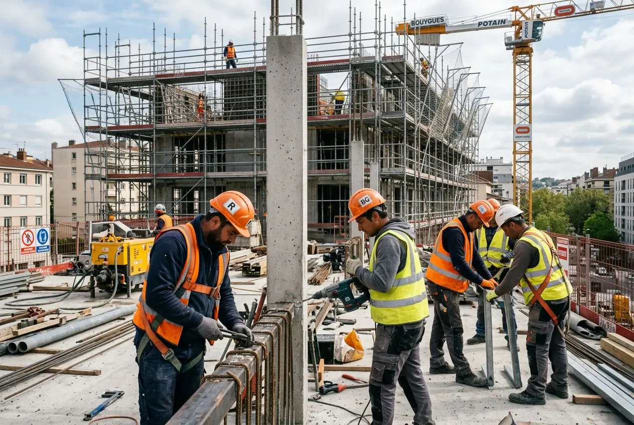 Travailleurs roumanie bulgarie france sur un chantier,施工现场 avec ouvriers portant casques et gilets réfléchissants travaillant sur des barres et une structure en béton.