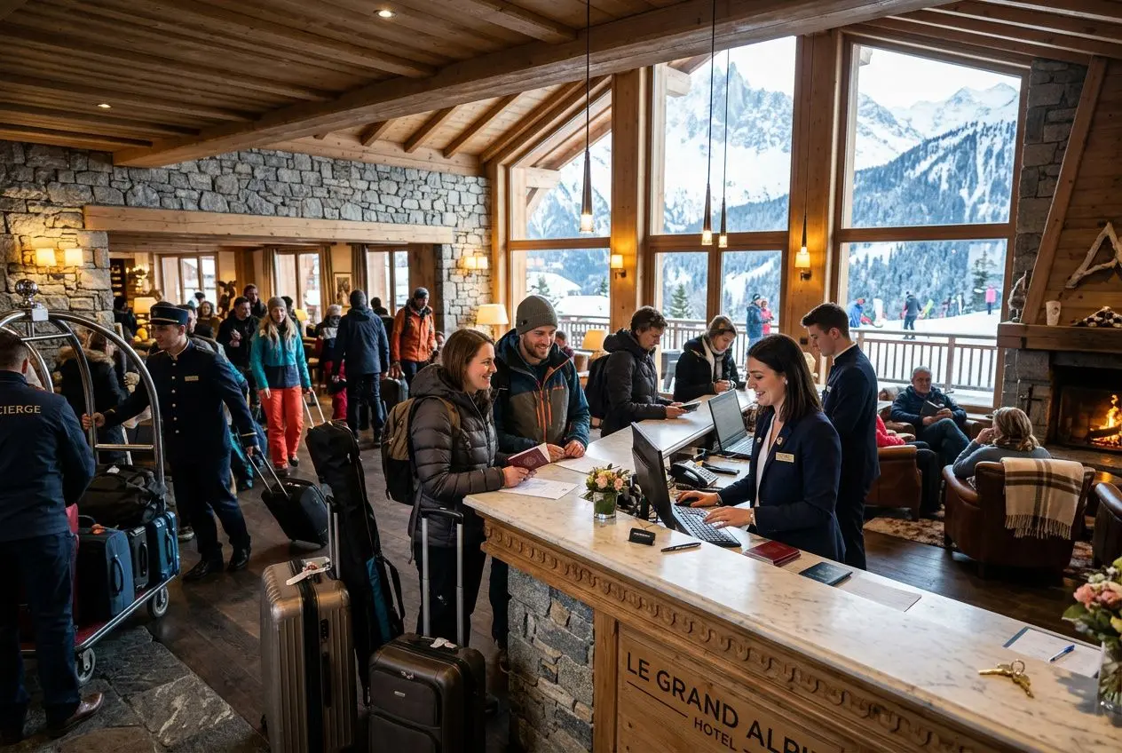 Accueil chaleureux au comptoir de réception d’un hôtel de montagne, clients et voyageurs discutant avec le personnel, affichage des offres d’emploi saisonnier hôtellerie restauration.