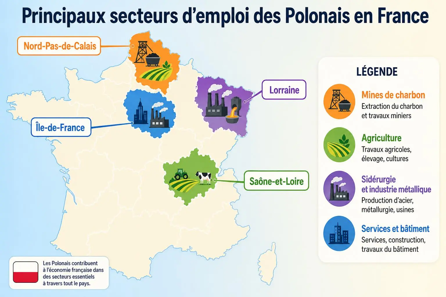 carte-illustrant-principaux-secteurs-demploi-polonais-france Les travailleurs polonais en France : histoire et intégration