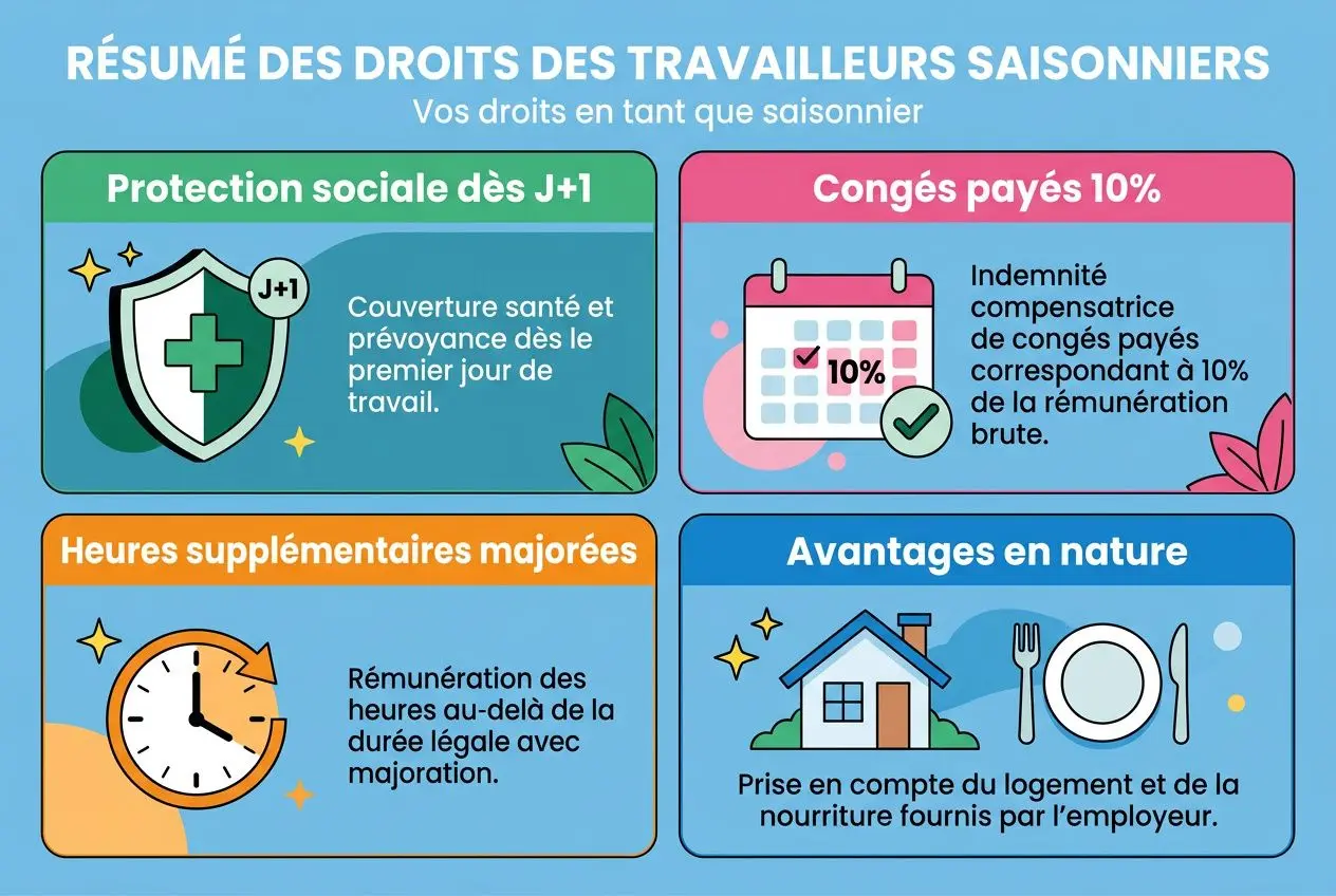 contrat-saisonnier-avantages-resume-visuel-droits-benefices Contrat saisonnier : avantages clés pour employeur et salarié