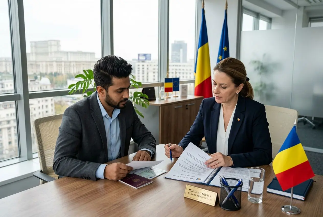 Deux professionnels discutent et examinent des documents dans un bureau lumineux avec des drapeaux roumain et européen en arrière-plan. autorisation de travail roumanie.