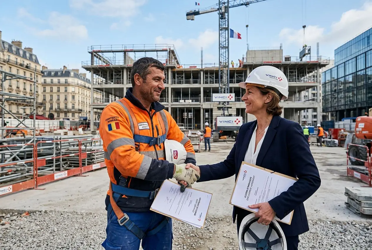 Deux travailleurs se serrant la main sur un chantier de construction, échange de documents, portant casques et gilets de sécurité. phrase intégrant le thème: "un roumain peut travailler en france" de manière naturelle.