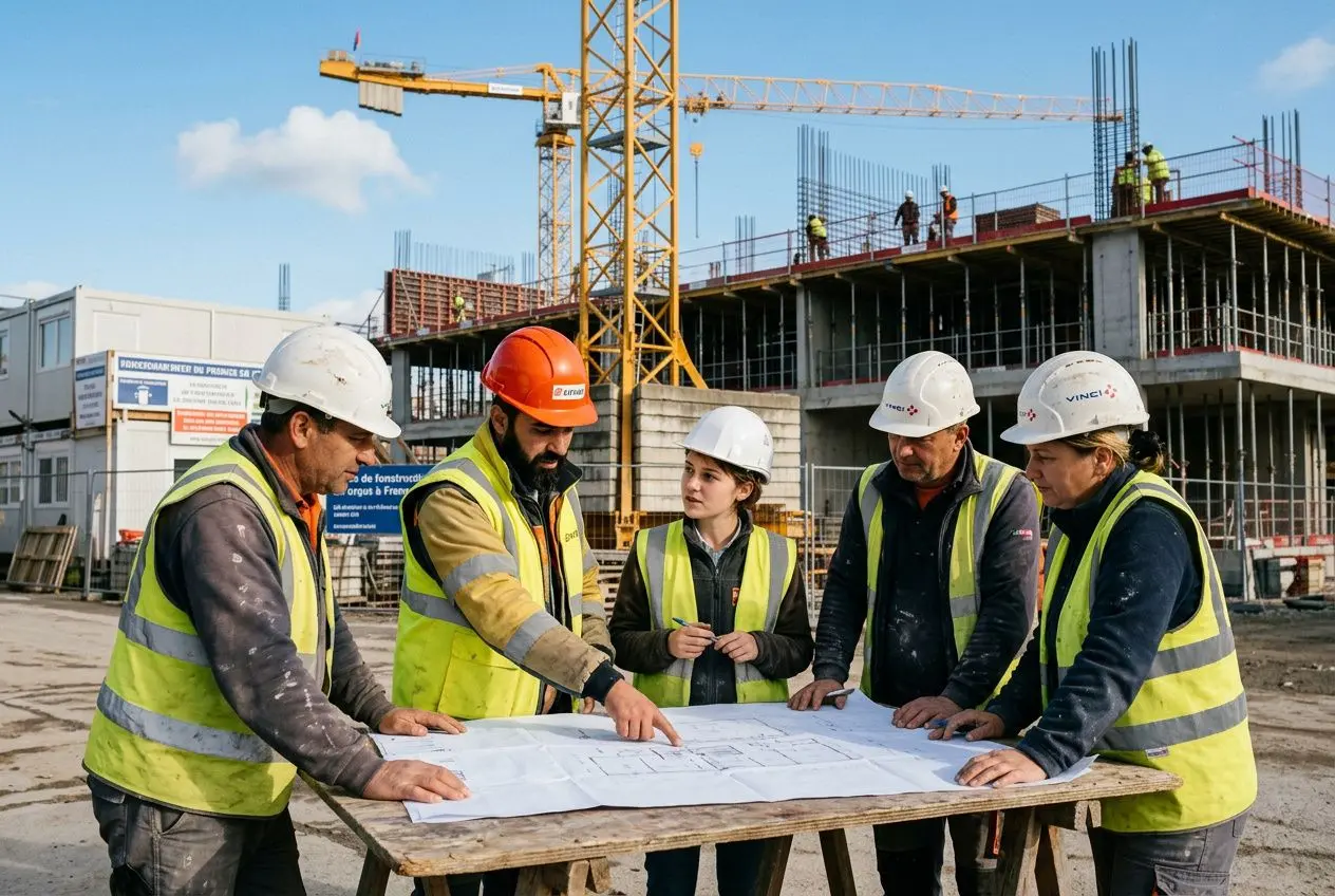 Équipe de travailleurs portant gilets et casques sur un chantier, examinant des plans autour d’une table de travail. recrutement travailleurs étrangers europe adapté au contexte.