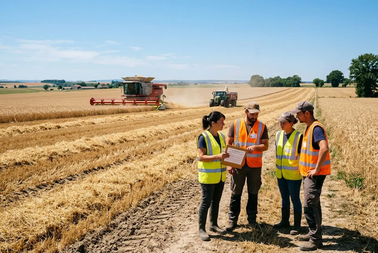 Groupe de travailleurs agricoles en questions dans un champ, portant gilets jaunes et discutant devant une moissonneuse et un tracteur au milieu d’une récolte. contrat saisonnier avantages intégré.