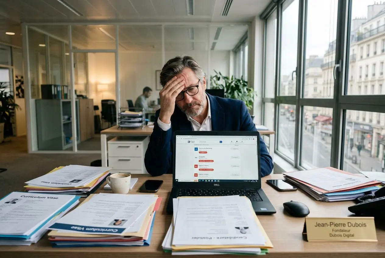 Homme d’affaires stressé devant son ordinateur surchargé de papiers, signalant une pénurie main d’œuvre france et tension au travail.