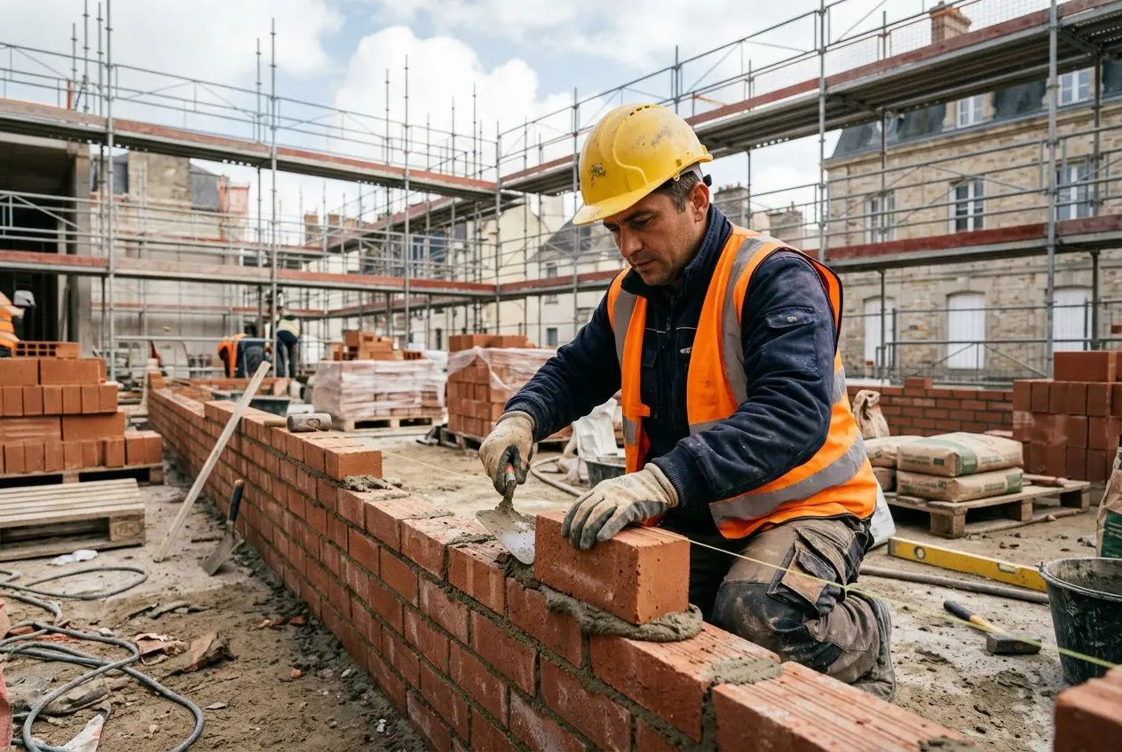 Homme ouvrier en casque jaune et veste haute visibilité pose une brique sur un mur en construction, outils et scaffolding autour. agence intérim main-d'œuvre qualifiée intégrée.