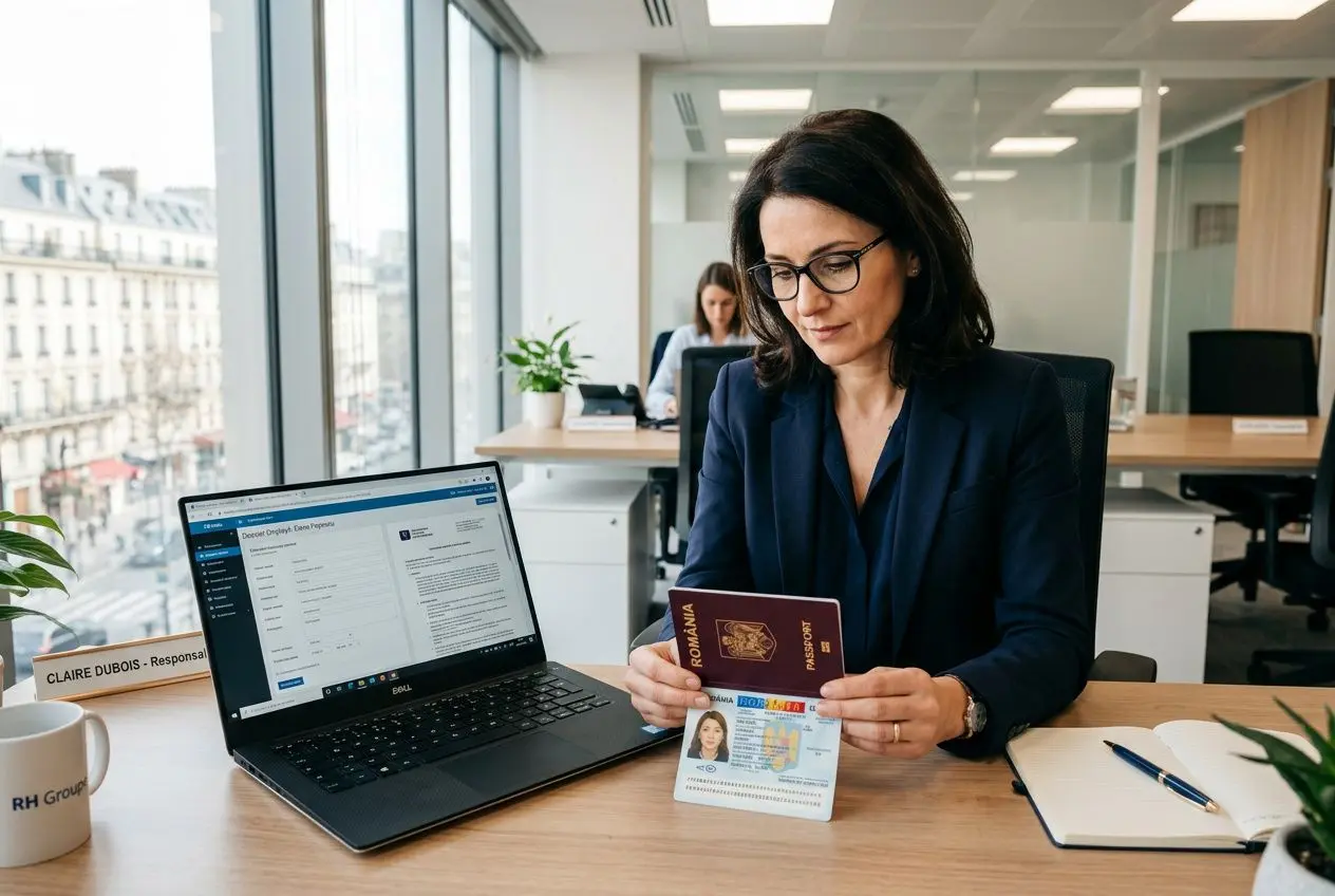 Professionnelle en bureaux, vérifiant des documents et un passeport roumain, près d’un ordinateur portable et d’un carnet. empoignant un titre de séjour. embaucher légalement un roumain en france.